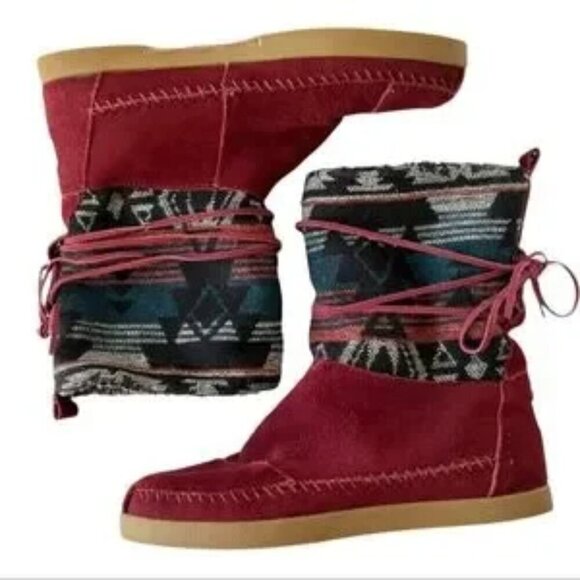 TOMS Toms Nepal Aztec Moccasin Suede Jacquard Fleece Boots Slip On size 6.5 - Picture 1 of 9